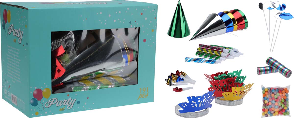 Set de Fête (191 pcs) incl. Chapeaux, Cornes, Langues qui roulent, etc.