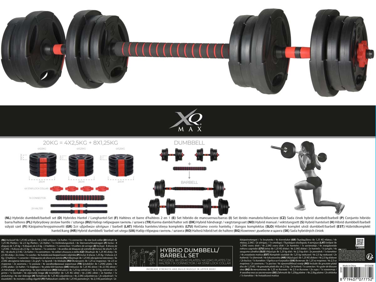 XQ Max Ensemble d'haltères 20 kg 3-en-1 réglables - 4 x 2,5 kg + 8 x 1,25 kg plaques de poids