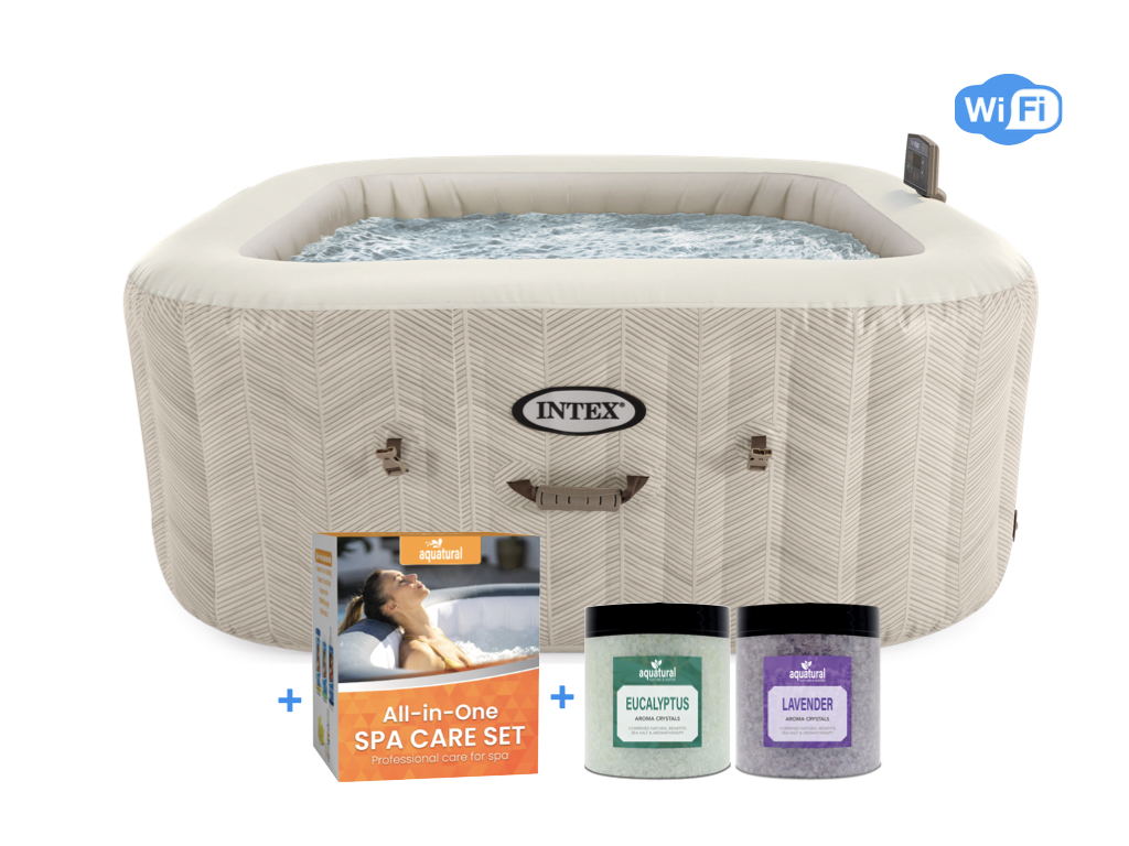 Set Premium Intex PureSpa Chevron Deluxe Bulles Massage 4P & Aquatural Spa Care Set