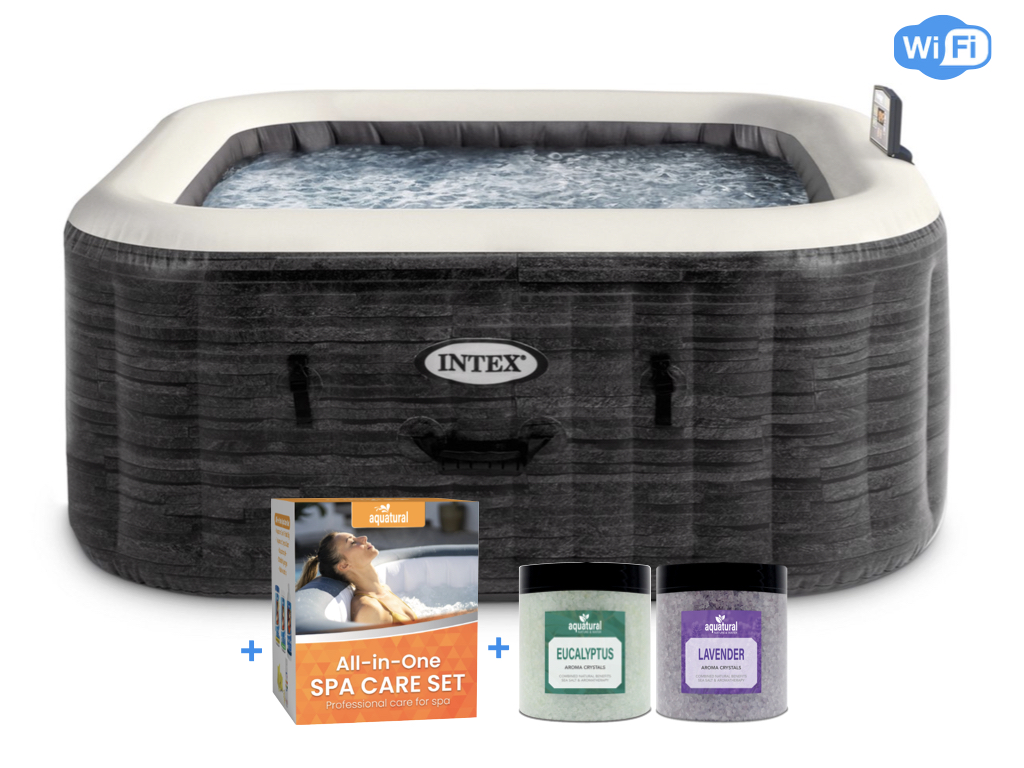 Intex PREMIUM PureSpa Greystone Deluxe + Aquatural Care Set + WiFi + 4 personnes