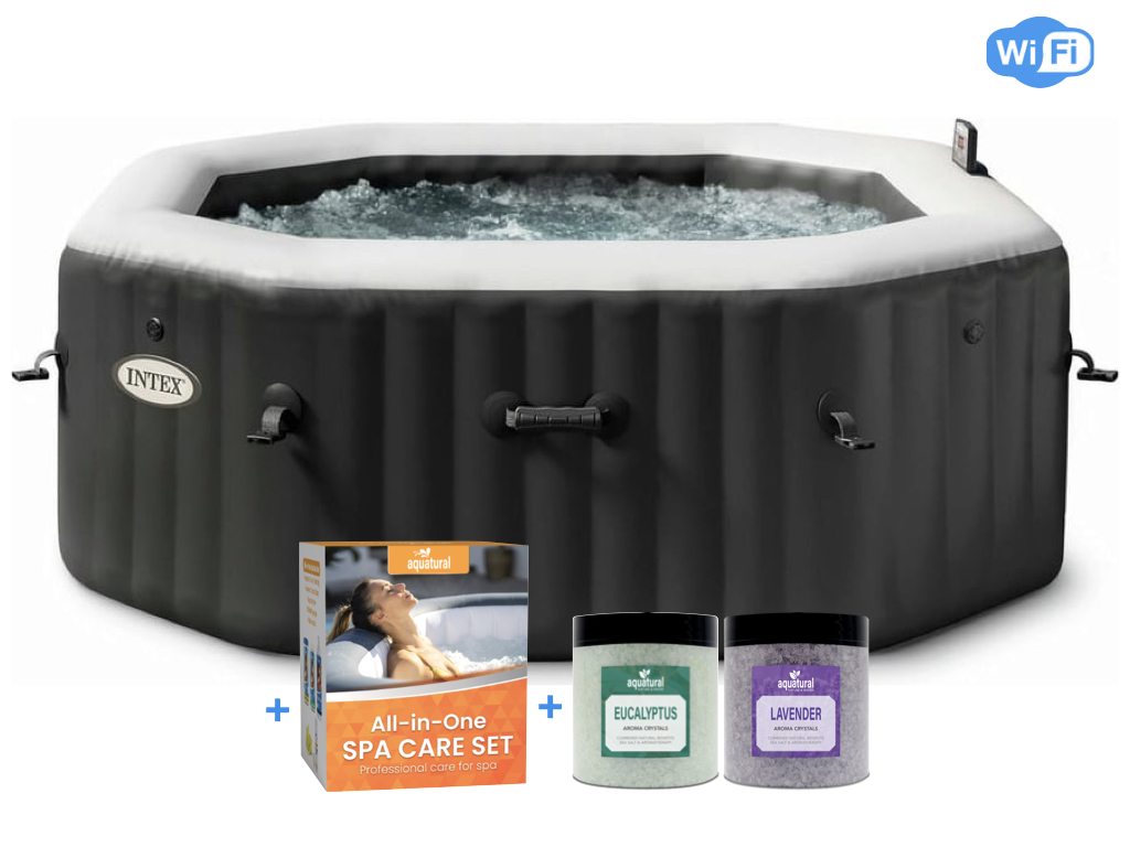 Intex PREMIUM PureSpa Jet & Bubble Deluxe Carbone + Kit d'entretien Aquatural + Wifi - 4 personnes