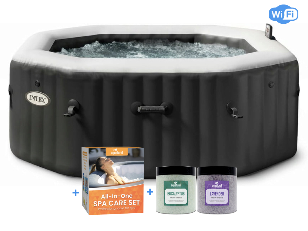 Set Intex PREMIUM PureSpa Jet & Bulles Deluxe Carbone 6p avec WiFi & Aquatural Coffret de Soins