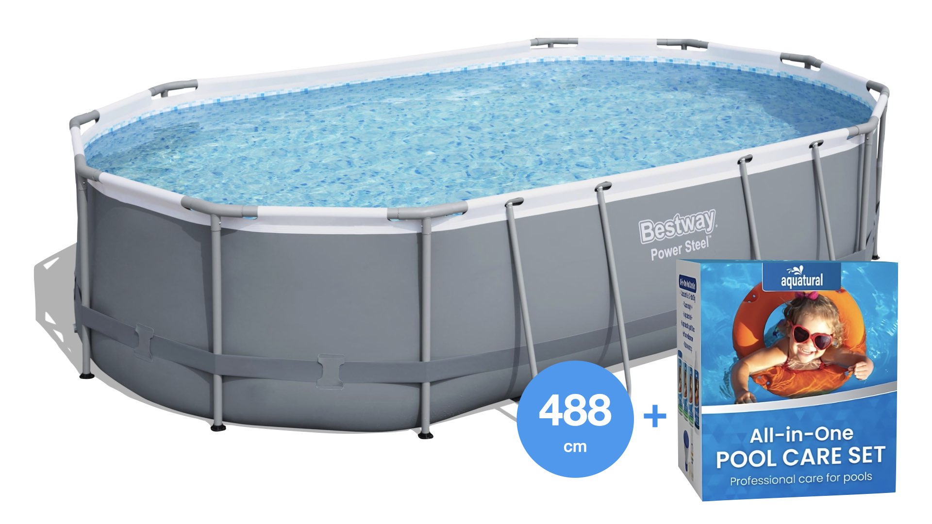 488 x 305 x 107 cm Bestway Power Steel Piscine Ovale + Aquatural Set d'Entretien