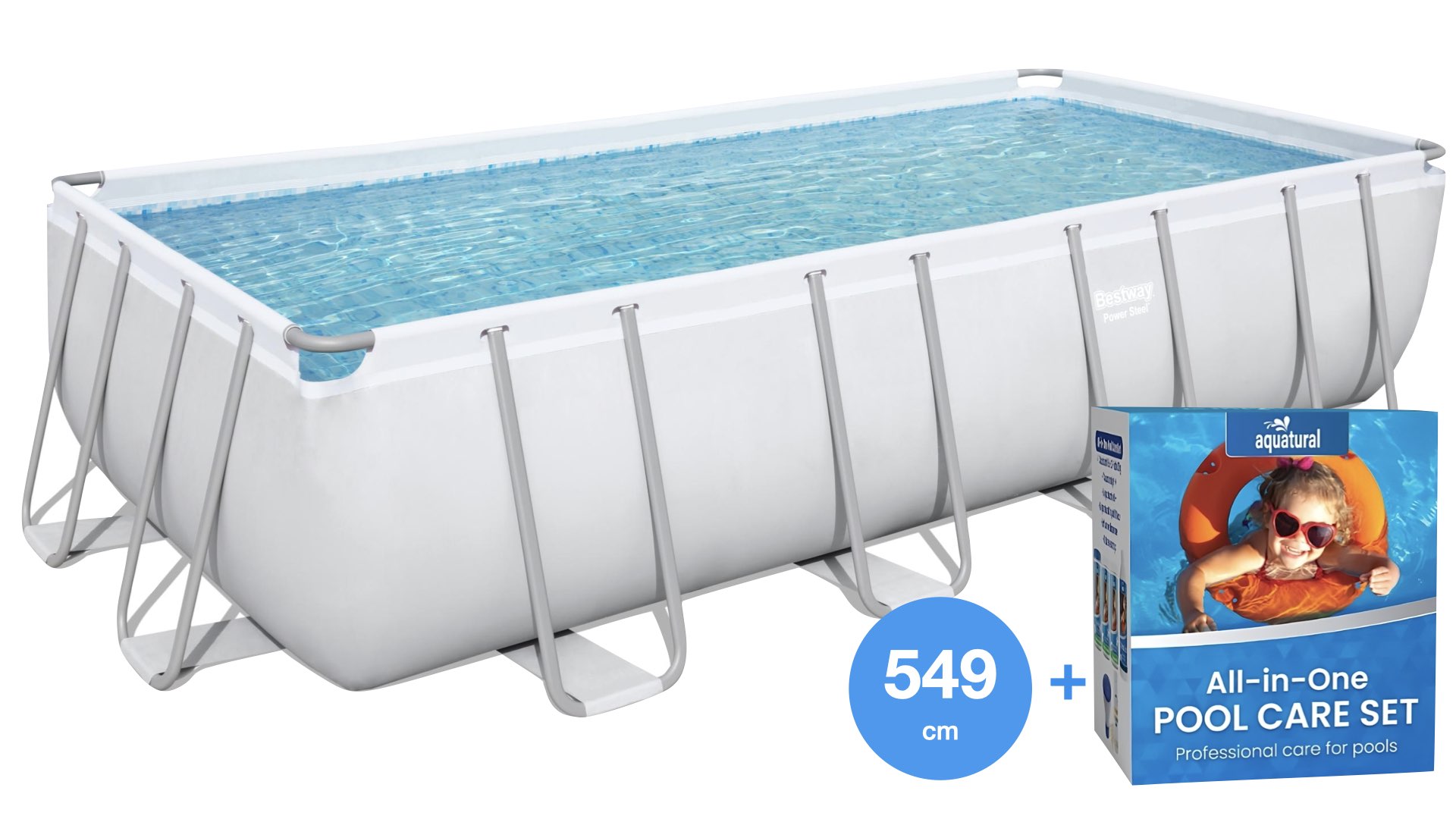 549 x 274 x 122 cm Bestway Power Steel Piscine Rectangulaire + Aquatural Set d'Entretien